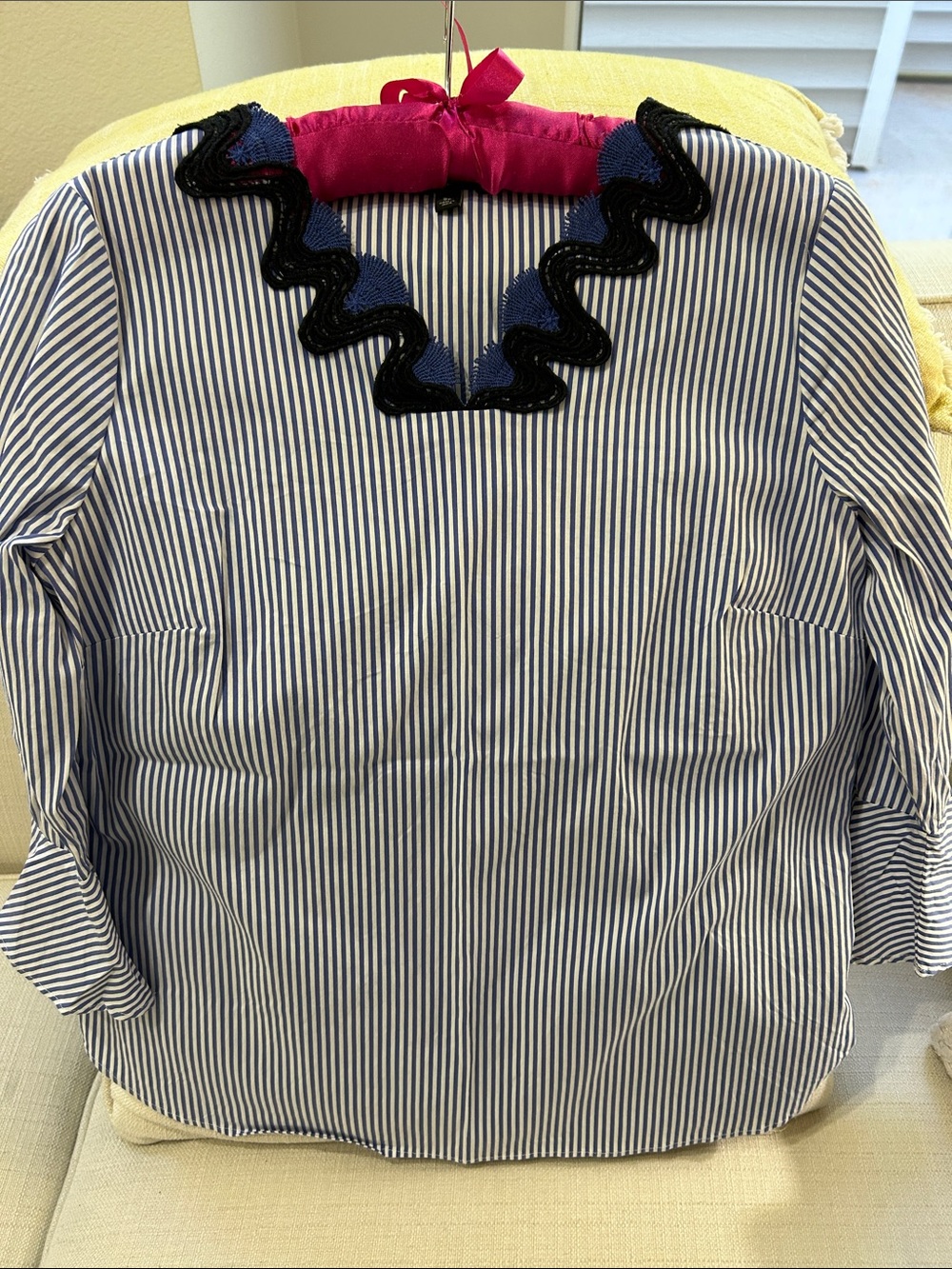 Talbots Navy and White Striped Blouse with Black Trim